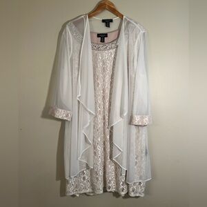 White and Cream Lace Dress, beading around the neck with Sheer Overlay